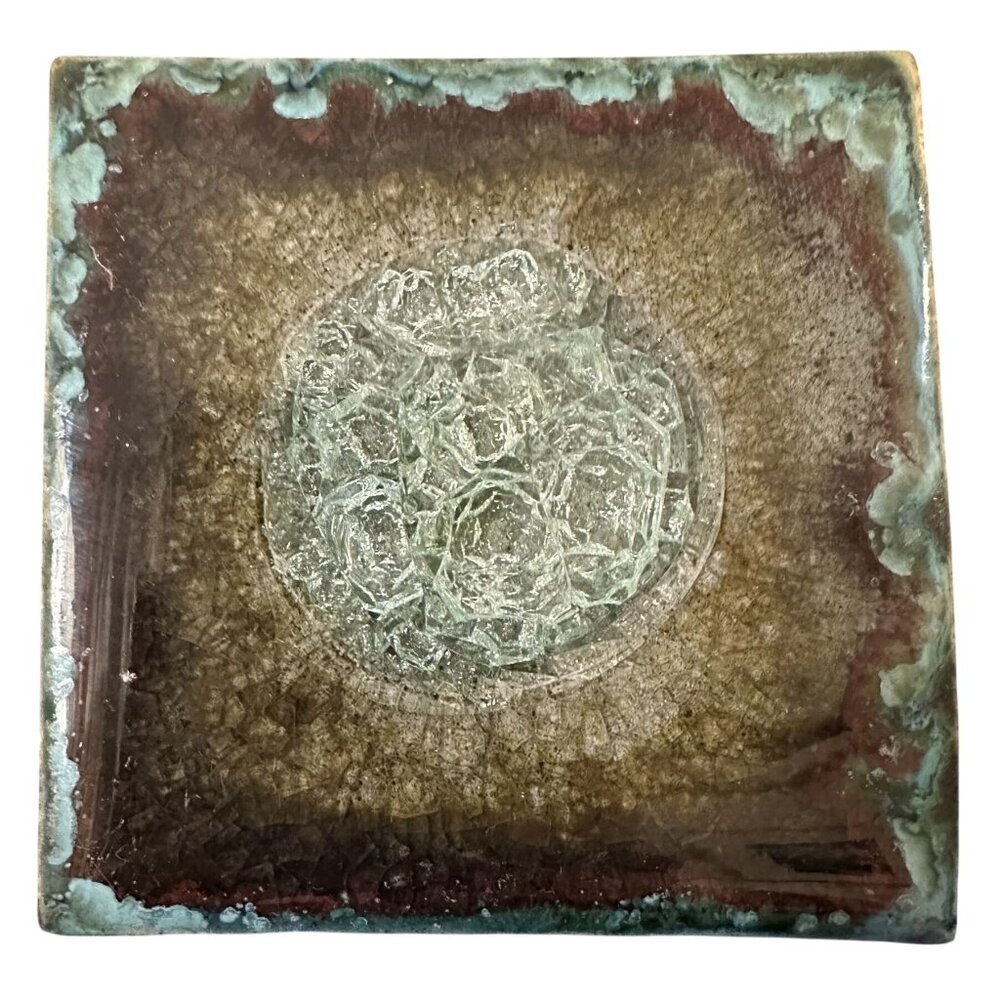 Anthropologie Geode Coaster Blue Crushed Crackle Glass Stoneware Tile 4" Square